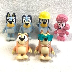 6 Bluey Characters: Bluey, Bandit, Bingo & Coco (Pink Poodle) & 2 more.